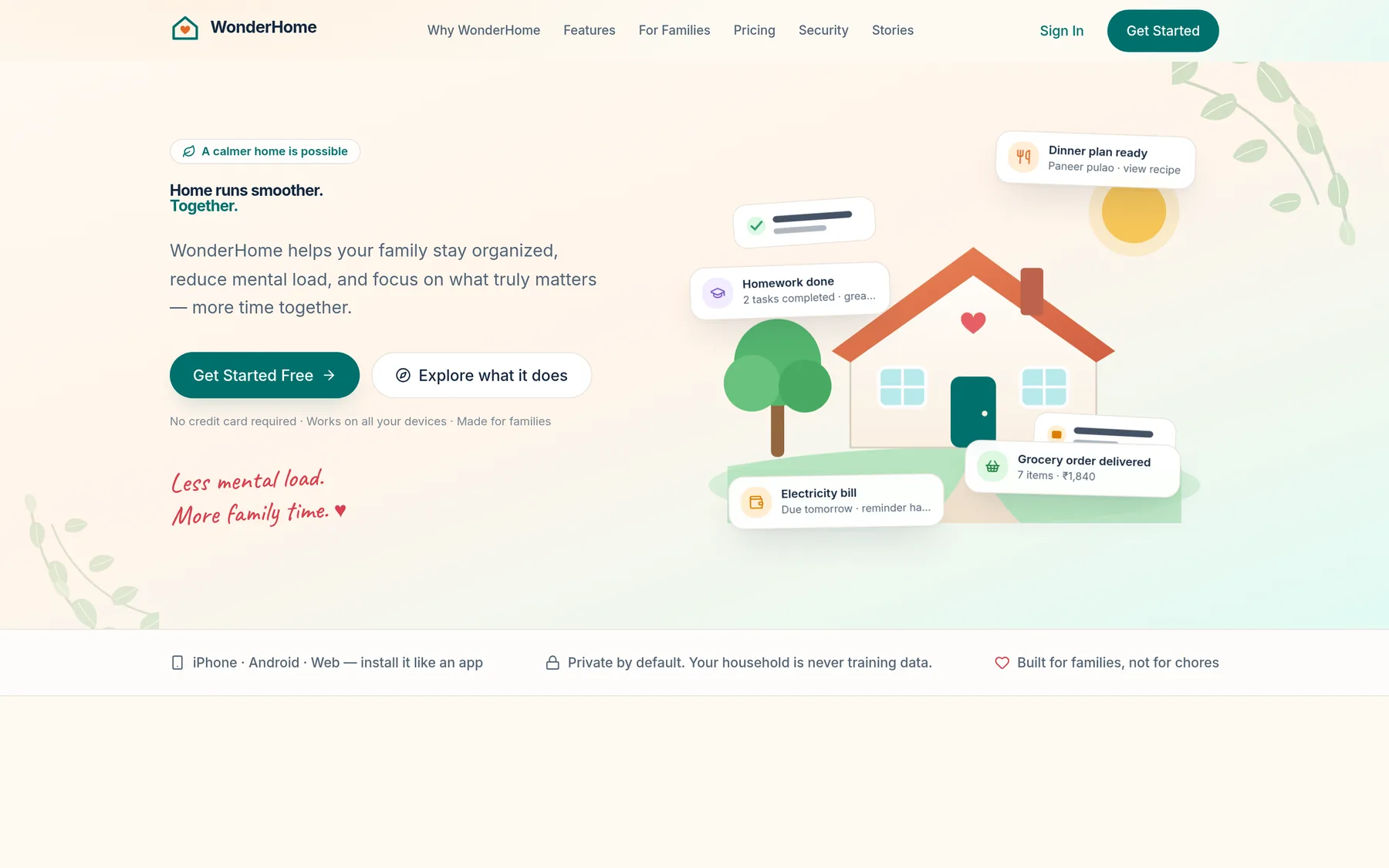 WonderHome features section listing the household domains