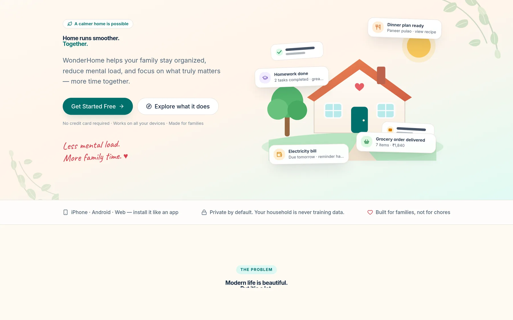WonderHome landing page on desktop showing the hero 'A calmer home is possible' and a household dashboard preview