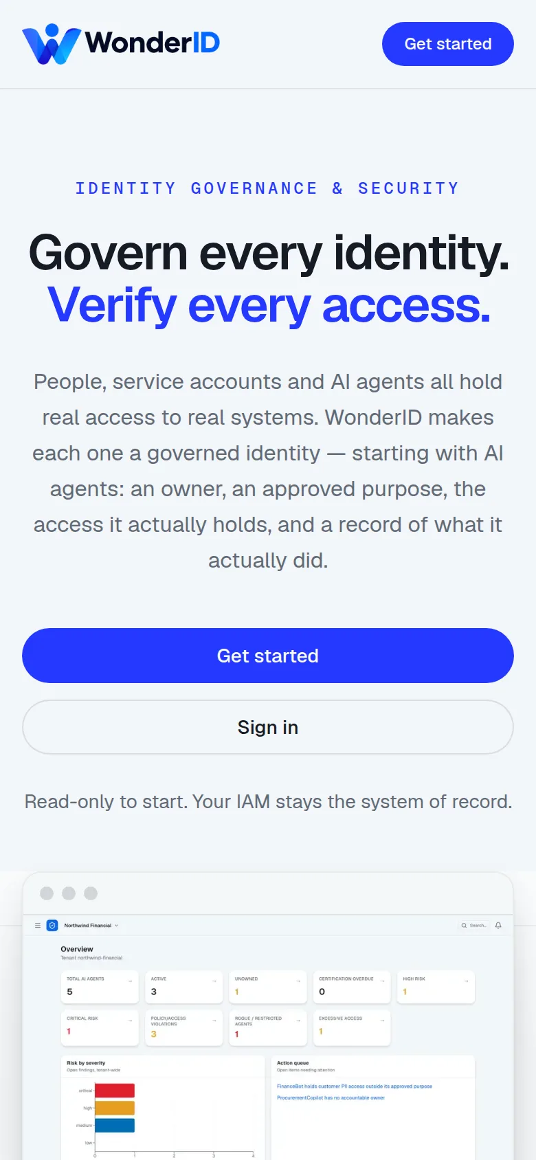 WonderID product site on a phone with the tenant overview preview