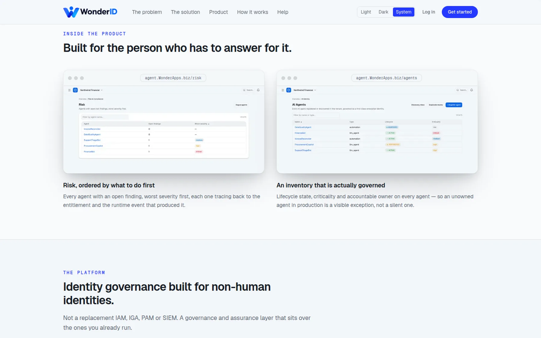 WonderID risk list ordered by severity and the governed AI agent inventory