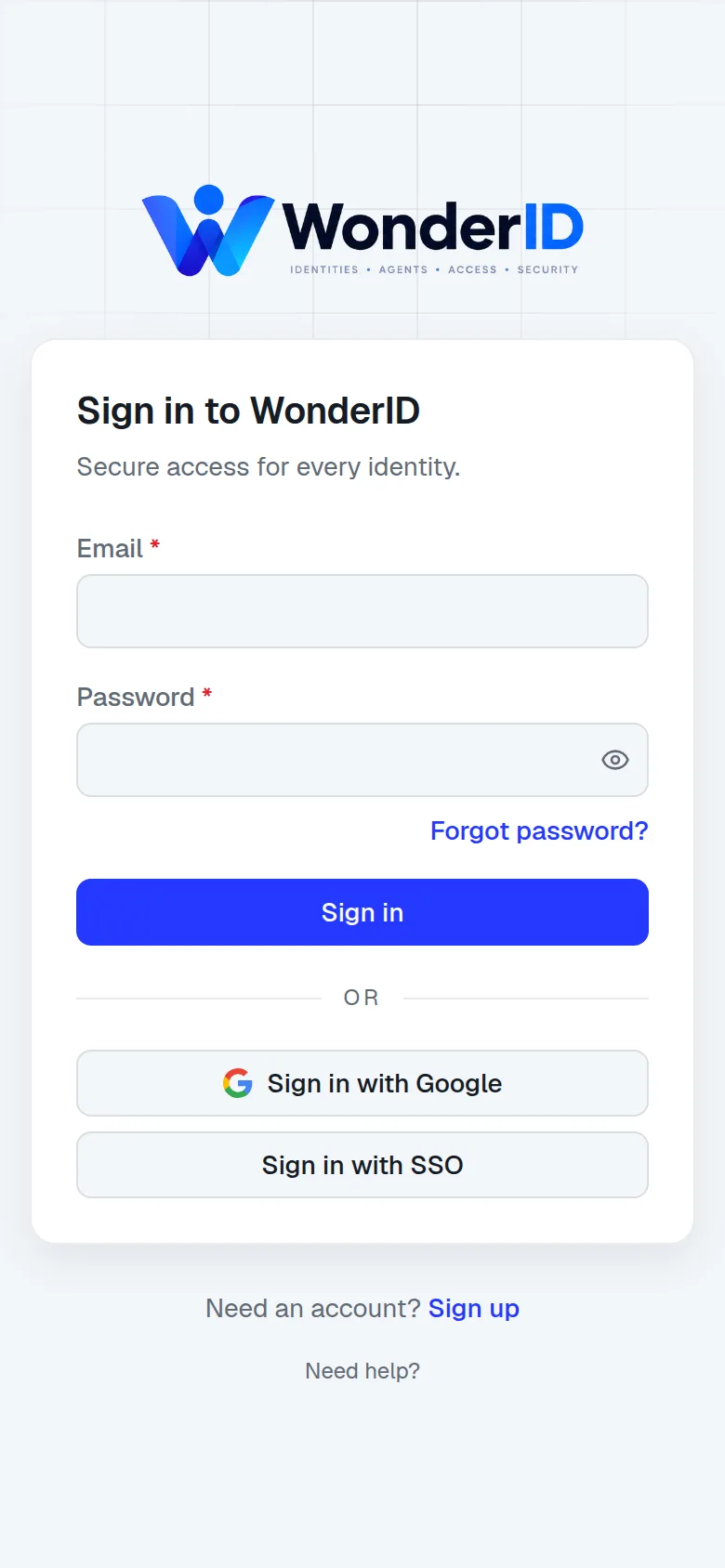 WonderID sign-in on a phone with email, Google and SSO options