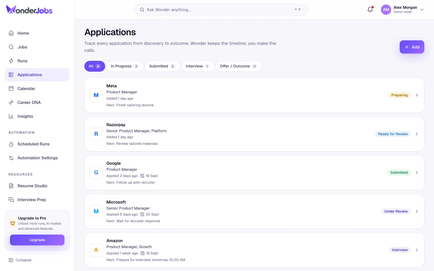 WonderJobs applications dashboard with status tabs and timeline
