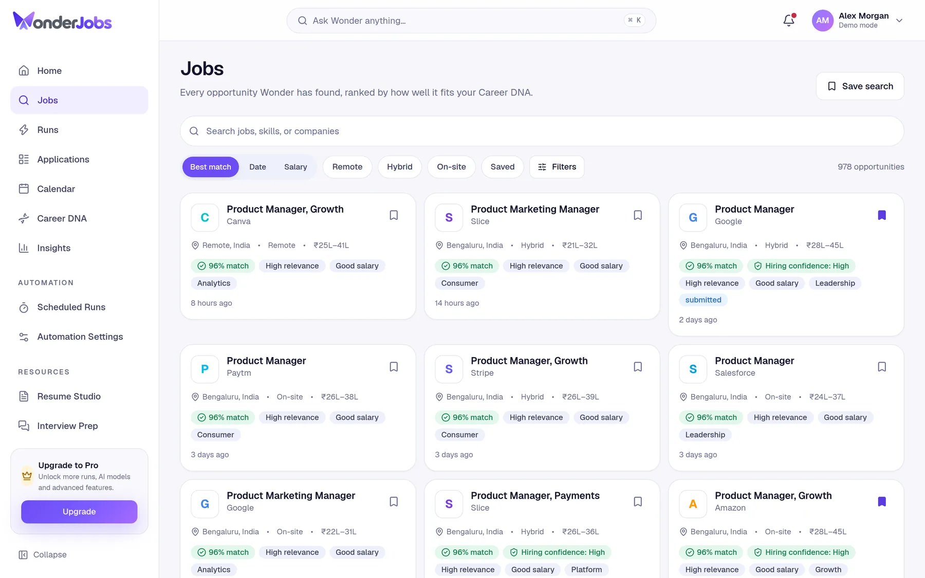 WonderJobs jobs list in demo mode with Wonder Fit labels and filters