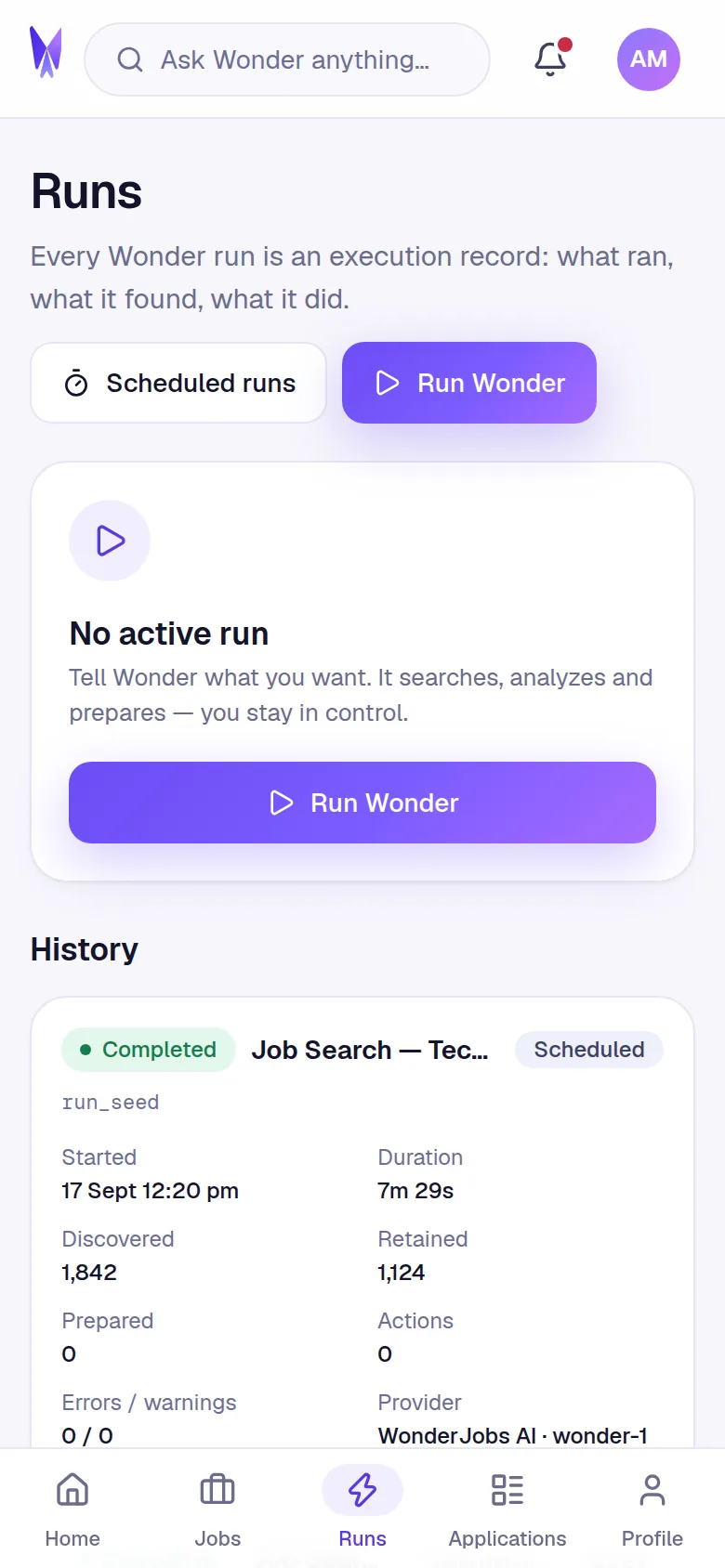 WonderJobs Wonder Runs screen on a phone showing stage-by-stage progress