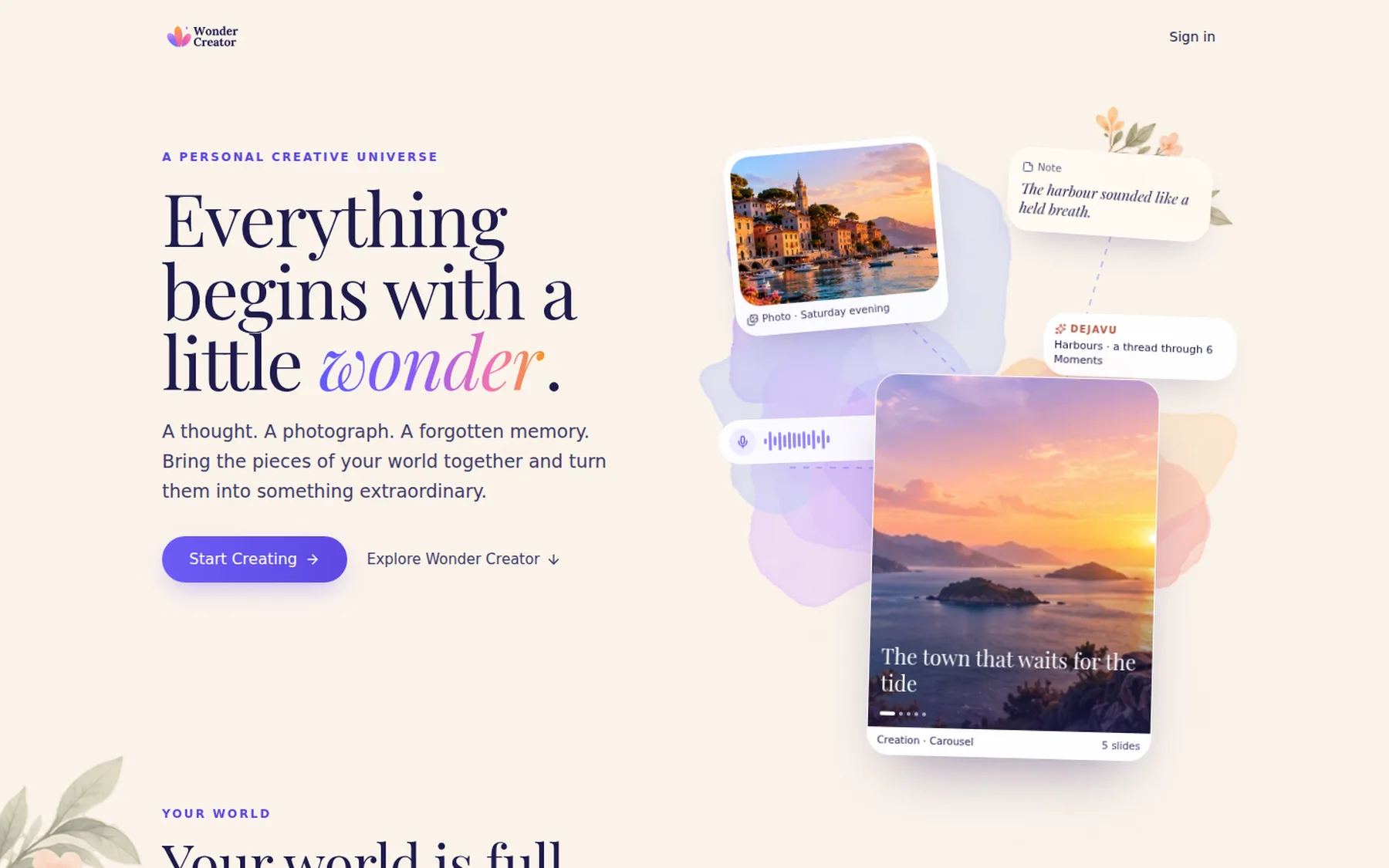 Wonder Creator landing page: 'Everything begins with a little wonder' above a photo, a note, a voice memo and a carousel