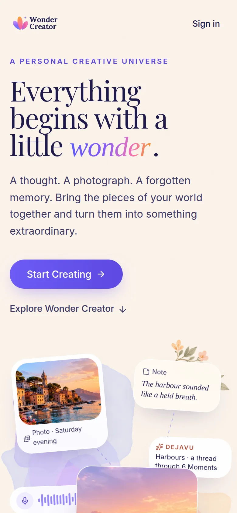 Wonder Creator landing page on a phone